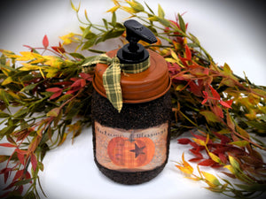 Fall, Harvest, Autumn Blessings, Primitive Pumpkin label, Soap Dispenser, Grubby Mason Jar w/Soap Pump, Country Primitive Bathroom Decor