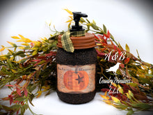 Load image into Gallery viewer, Fall, Harvest, Autumn Blessings, Primitive Pumpkin label, Soap Dispenser, Grubby Mason Jar w/Soap Pump, Country Primitive Bathroom Decor