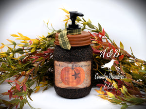 Fall, Harvest, Autumn Blessings, Primitive Pumpkin label, Soap Dispenser, Grubby Mason Jar w/Soap Pump, Country Primitive Bathroom Decor