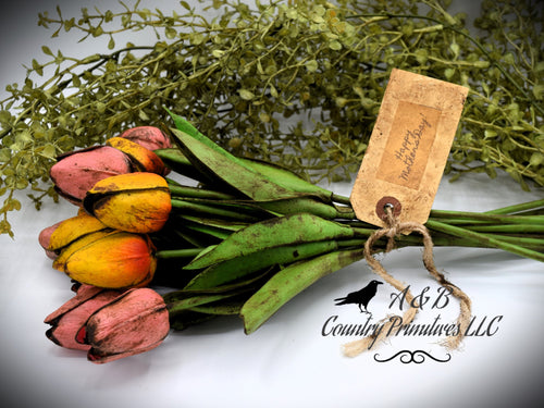 Mother's Day Dozen (12) Grungy Real Feel Tulips Arrangement, Mother's Day Gift, Country Primitive, Cottagecore, Farmhouse, Spring Floral