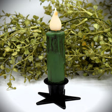 Load image into Gallery viewer, Set of (2) Two Grungy Fern Green 4 inch LED Wax Dipped Taper Candles with Timer, Battery Operated Candles, Country Primitive Home Decor