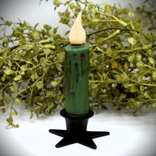 Load image into Gallery viewer, Set of (2) Two Grungy Fern Green 4 inch LED Wax Dipped Taper Candles with Timer, Battery Operated Candles, Country Primitive Home Decor