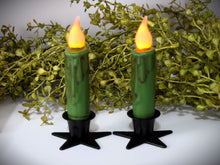 Load image into Gallery viewer, Set of (2) Two Grungy Fern Green 4 inch LED Wax Dipped Taper Candles with Timer, Battery Operated Candles, Country Primitive Home Decor