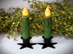 Set of (2) Two Grungy Fern Green 4 inch LED Wax Dipped Taper Candles with Timer, Battery Operated Candles, Country Primitive Home Decor