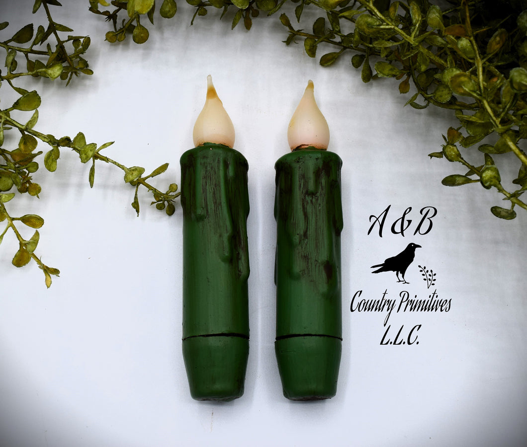 Set of (2) Two Grungy Fern Green 4 inch LED Wax Dipped Taper Candles with Timer, Battery Operated Candles, Country Primitive Home Decor