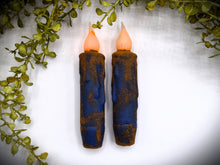 Load image into Gallery viewer, Set of TWO Grungy Blue 4 inch LED Wax Dipped Taper Candles with Timer, Battery Operated Flameless Candles, Country Primitive Home Decor