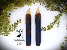 Load image into Gallery viewer, Set of TWO Grungy Blue 7 inch LED Wax Dipped Taper Candles with Timer, Battery Operated Flameless Candles, Country Primitive Home Decor