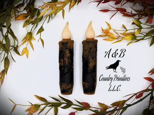 Set of (2) Two Black Grungy/Grubby 4 inch LED Wax Dipped Taper Candles with Timer, Battery Operated Flameless Candles, Primitive Home Decor