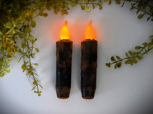 Load image into Gallery viewer, Set of (2) Two Black Grungy/Grubby 4 inch LED Wax Dipped Taper Candles with Timer, Battery Operated Flameless Candles, Primitive Home Decor