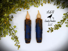 Load image into Gallery viewer, Set of TWO Grungy Blue 4 inch LED Wax Dipped Taper Candles with Timer, Battery Operated Flameless Candles, Country Primitive Home Decor