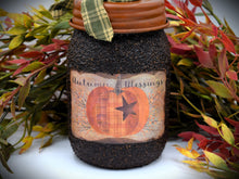 Load image into Gallery viewer, Fall, Harvest, Autumn Blessings, Primitive Pumpkin label, Soap Dispenser, Grubby Mason Jar w/Soap Pump, Country Primitive Bathroom Decor