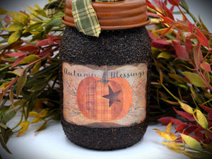 Fall, Harvest, Autumn Blessings, Primitive Pumpkin label, Soap Dispenser, Grubby Mason Jar w/Soap Pump, Country Primitive Bathroom Decor