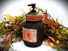 Load image into Gallery viewer, Fall, Harvest, Autumn Blessings, Primitive Pumpkin label, Soap Dispenser, Grubby Mason Jar w/Soap Pump, Country Primitive Bathroom Decor