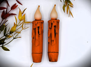 Set of (2) Two Grungy Harvest Orange (4 inch) LED Wax Dipped Battery Operated Flameless Timer Taper Candles, Country Primitive Home Decor
