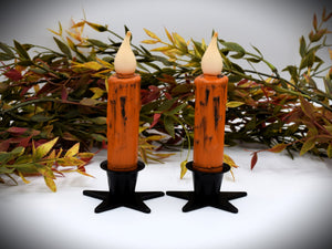 Set of (2) Two Grungy Harvest Orange (4 inch) LED Wax Dipped Battery Operated Flameless Timer Taper Candles, Country Primitive Home Decor