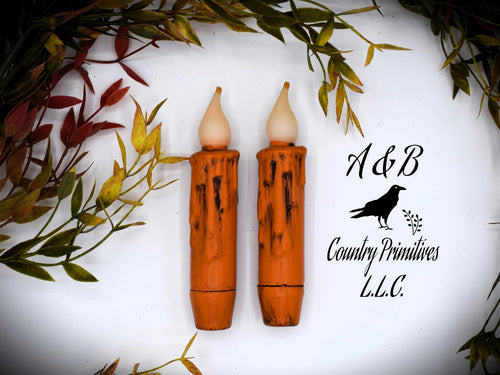 Set of (2) Two Grungy Harvest Orange (4 inch) LED Wax Dipped Battery Operated Flameless Timer Taper Candles, Country Primitive Home Decor