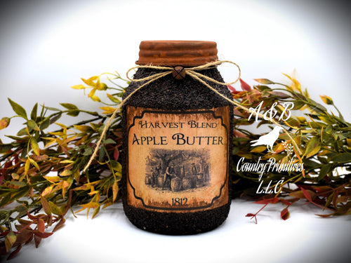 Harvest Blend Apple Butter Grubby Coated Mason Jar, Primitive Pantry Jar, Farmhouse Kitchen Decor, Country Primitive Decor, Fall Decor