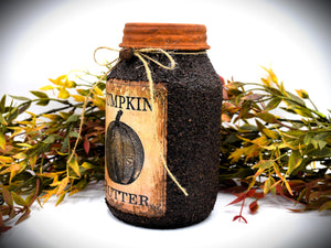 Pumpkin Butter Grubby Coated Mason Jar, Primitive Pantry Jar, Farmhouse Kitchen Decor, Country Primitive Decor, Fall Decor, Kitchen Storage