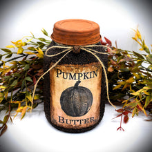 Load image into Gallery viewer, Pumpkin Butter Grubby Coated Mason Jar, Primitive Pantry Jar, Farmhouse Kitchen Decor, Country Primitive Decor, Fall Decor, Kitchen Storage