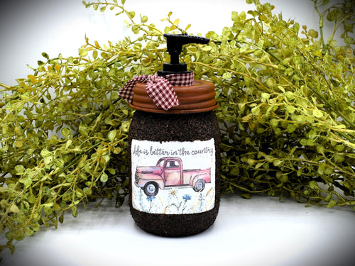 Vintage Red Truck Spring Label & Hand Soap Dispenser Mason Jar, Grubby Coated Mason Jar Soap Jar, Country Primitive Home Decor.