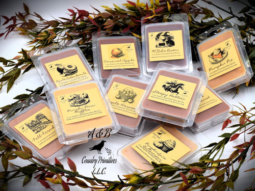 A photo showing various clamshell plastic cases with wax melt tarts inside. The cases have labels that feature a primitive sketch of each flavor or scent.