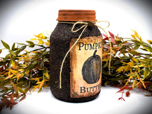 Pumpkin Butter Grubby Coated Mason Jar, Primitive Pantry Jar, Farmhouse Kitchen Decor, Country Primitive Decor, Fall Decor, Kitchen Storage