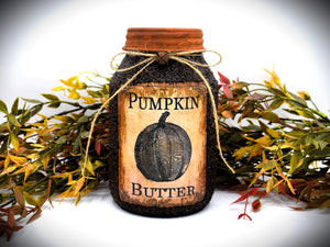 Pumpkin Butter Grubby Coated Mason Jar, Primitive Pantry Jar, Farmhouse Kitchen Decor, Country Primitive Decor, Fall Decor, Kitchen Storage