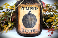 Load image into Gallery viewer, Pumpkin Butter Grubby Coated Mason Jar, Primitive Pantry Jar, Farmhouse Kitchen Decor, Country Primitive Decor, Fall Decor, Kitchen Storage