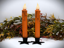 Load image into Gallery viewer, Set of (2) Two Grungy Harvest Orange (7 inch) LED Wax Dipped Battery Operated Flameless Timer Taper Candles, Country Primitive Home Decor