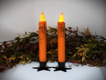 Load image into Gallery viewer, Set of (2) Two Grungy Harvest Orange (7 inch) LED Wax Dipped Battery Operated Flameless Timer Taper Candles, Country Primitive Home Decor