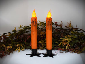 Set of (2) Two Grungy Harvest Orange (7 inch) LED Wax Dipped Battery Operated Flameless Timer Taper Candles, Country Primitive Home Decor