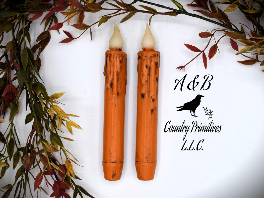 Set of (2) Two Grungy Harvest Orange (7 inch) LED Wax Dipped Battery Operated Flameless Timer Taper Candles, Country Primitive Home Decor