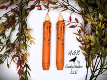 Load image into Gallery viewer, Set of (2) Two Grungy Harvest Orange (7 inch) LED Wax Dipped Battery Operated Flameless Timer Taper Candles, Country Primitive Home Decor