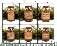 Load image into Gallery viewer, Six rustic glass jars with vintage-style labels arranged in a grid. Each jar is decorated with cheese cloth bows and labeled with spiced food items: brown sugar, mincemeat, gingerbread, spiced dried fruits, cinnamon sticks, and drinking chocolate.